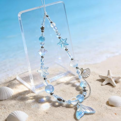 Cute Beaded Camera Wrist Strap for Phone, Digital Camera Charm Lanyard, Pearl Beaded Chain for Bag Keychain Gift - color: Mermaid
