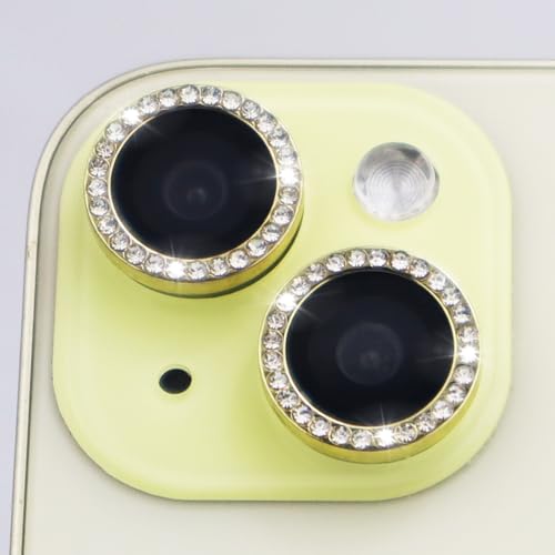 Camera Lens Protector for iPhone 15/15 Plus/14/14 Plus Bling Diamond Metal Ring Rhinestone Tempered Glass Lens Cover Accessories (Gold) - color: Gold