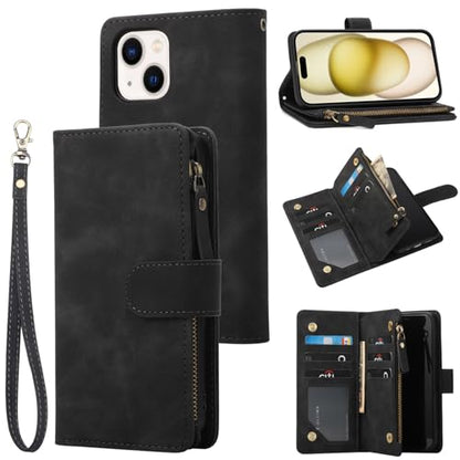 RANYOK iPhone 15 6.1 inch Flip Wallet Case with RFID Blocking, Zipper Pocket, Kickstand, Wrist Strap, Black Leather - color: Black