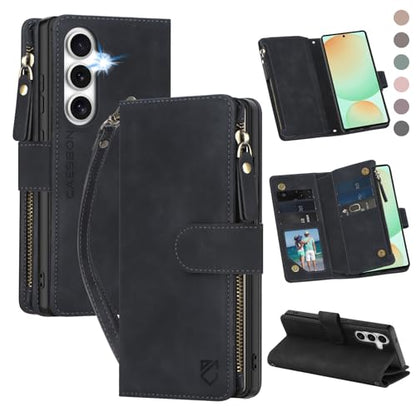 for Samsung Galaxy S24-FE-Wallet Case: with RFID Blocking Card Slots (6 Cards) | Soft PU Leather Magnetic Snap Zipper Pocket | Crossbody Wrist Strap Protective Phone Cover - Black - color: Black, size: Galaxy S24 FE（6.7‘’）