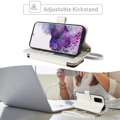 Wallet Case for Samsung Galaxy S20 5G 6.2 inch with Wrist Strap, Crossbody Shoulder Strap, Luxury PU Leather Stand Cell Phone Cover with 9+ Card Slots for S 20 20S UW S2O G5 Women White | Girls, Wrist/Shoulder Strap, 9+ Card Slots, Zipper Purse, Luxury PU