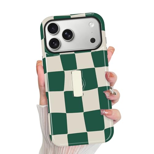 KANGHAR Compatible with iPhone 17 Pro Case Checkered -Green White | Silicone Cute Pattern, Finger Hold Wristband Kickstand Camera Protection Soft Slim Phone Case for Girls Women - color: (Checkered)Green White, size: iPhone 17 Pro