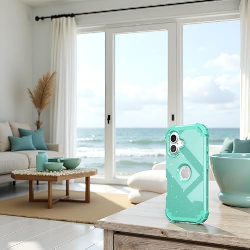 IDweel for iPhone 17 Case with Screen Protector for Women, 3 in 1 Shockproof Slim Fit Hybrid Heavy Duty Hard PC Cover Soft Silicone Bumper Full Body Anti-Fingerprint Case, Glitter Cyan - color: Glitter Cyan