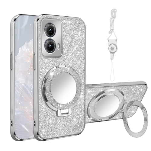 for Motorola Edge 5G 2024 Case [MagSafe Compatible] Glitter Card Clear Back Cover with Ring Kickstand, Lanyard, Mirror Soft TPU Protective Cover for Moto Edge 5G 2024 Phone Case, Silver - color: Silver, size: Motorola Moto Edge 5G 2024