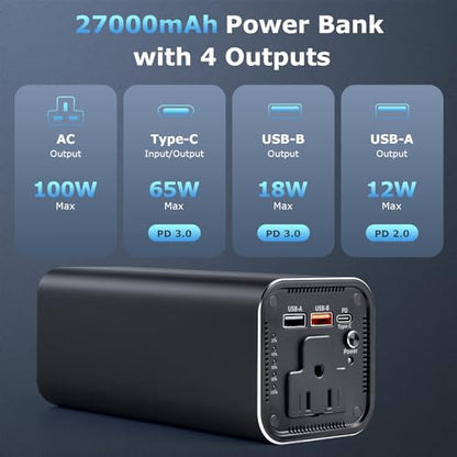 Portable Power Bank with 100W AC Outlet, 99.9Wh/27000mAh High Capacity, and 65W PD Bidirectional Fast Charging – Backup Power for Laptops, Business Travel, and Outdoor Emergency Activities