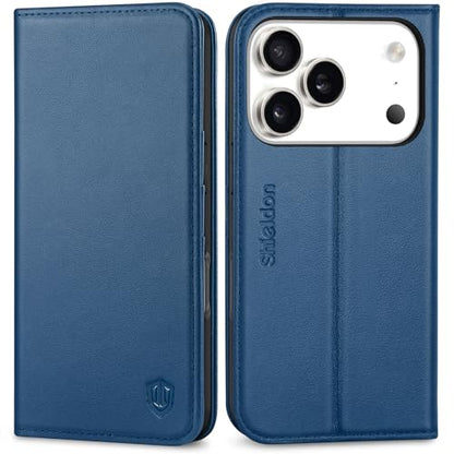 SHIELDON Genuine Leather Case Wallet for iPhone 17 Pro 6.3", Royal Blue | Flip Magnetic Cover, RFID Blocking, Credit Card Slot, Kickstand, Book Design, Soft Shockproof Phone Shell - color: Royal Blue
