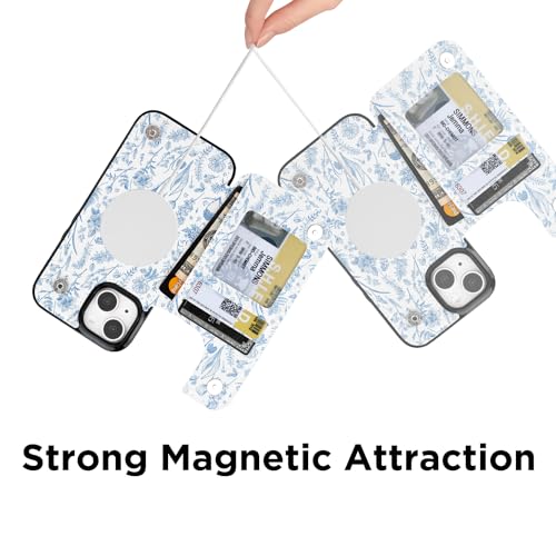 uCOLOR for iPhone 13/14 Wallet Case Magsafe with Card Holder Slot | Compatible with MagSafe,Folio Flip PU Leather Magnetic RFID Design with Camera Lens Protector, Blue Toile Flowers - color: Blue Toile Flowers