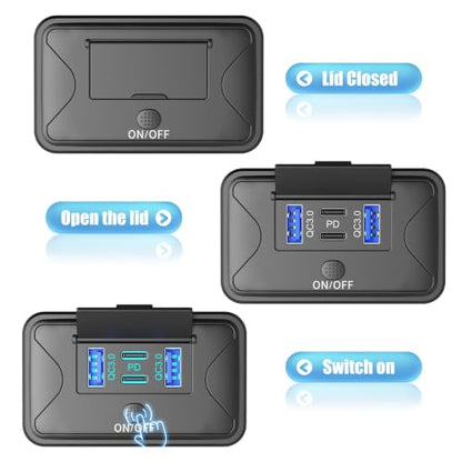 78W 4 Port 12V USB Outlet Charger Socket, Dual 36W PD + Dual 18W QC3.0 Wall Surface Mount Charging Panel with Button Switch for RV Truck Bus Marine Golf Cart