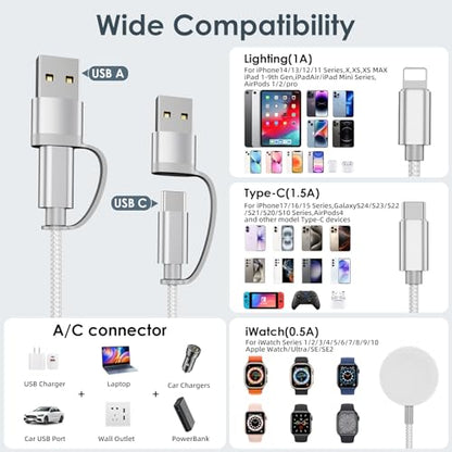 Travel Essentials,Multi Charging Cable for Apple Watch iPhone Charger White - color: White, size: 1Pack-4FT