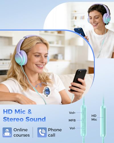 USB C & 3.5mm 2 in 1 Wired Headphones, Stereo Over Ear Headphones - color: Purple-Green