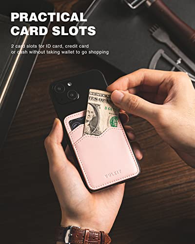 VULKIT Stick on Card Holder Compatible for iphone Leather Cell Phone Wallet Credit Card Case Strong Sticker for Women - color: Pink