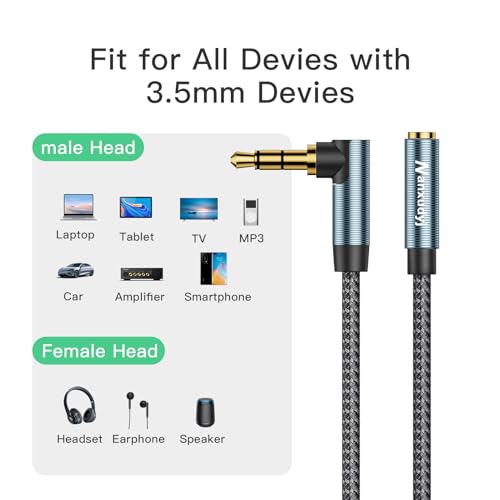 3.5mm Headphone Extension Cable 25FT,Right Angle 3.5mm Male to Female Stereo Audio Extension Cable/90 Degree Right Angle Aux Cable for Smartphones, Tablets, Media Players - size: 25 ft