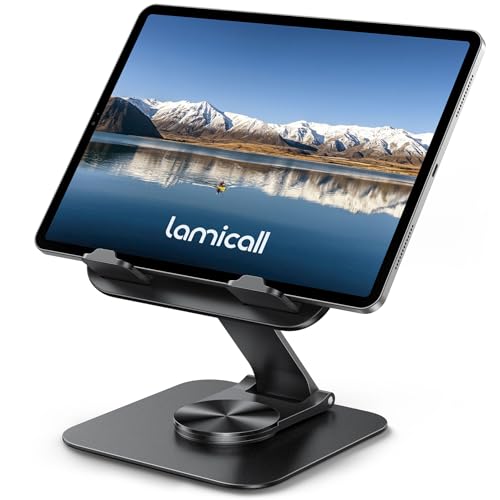 Lamicall Adjustable iPad Stand for Desk, Ultra-Slim Foldable, 360° Rotation - color: Black