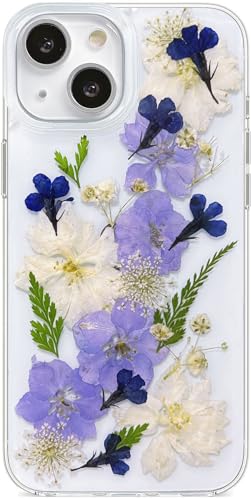 Abbery for iPhone 14 Plus/15 Plus Case Clear with Pressed Flower Design Cute Soft TPU Real Dried White Blue Floral Aesthetic Protective Shockproof Women Girl's Phone Cover (Navy Flower) - color: Navy Flower, size: for iPhone 14 Plus/15 Plus