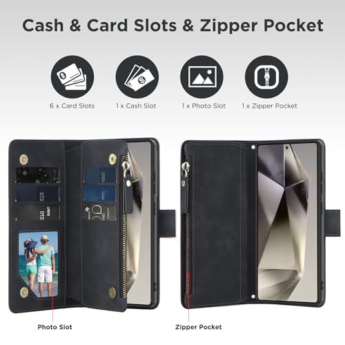 for Samsung Galaxy S24-Ultra-Wallet Case: with RFID Blocking Card Slots (6 Cards) | Soft PU Leather Magnetic Snap Zipper Pocket | Crossbody Wrist Strap Protective Phone Cover - Black - color: Black, size: Galaxy S24 Ultra（6.8‘’）