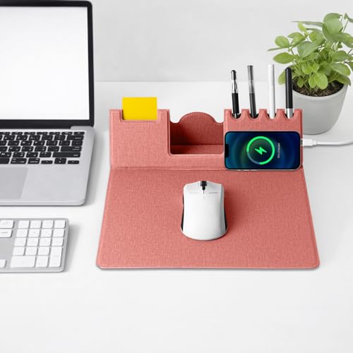 Mouse Pad with Phone Holder & Pen Holders, Wireless Charging Desk Mat, Mousepad Home Office Desk Pad with Ultra-Smooth Surface, Non-Slip Base, Waterproof Keyboard Pad, Classic Pink Desk Mat - color: Pink