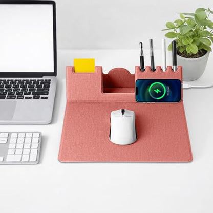 Mouse Pad with Phone Holder & Pen Holders, Wireless Charging Desk Mat, Mousepad Home Office Desk Pad with Ultra-Smooth Surface, Non-Slip Base, Waterproof Keyboard Pad, Classic Pink Desk Mat - color: Pink