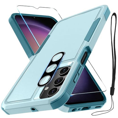 Case for Samsung Galaxy A15 5G, Full Body Heavy Duty Rugged Shockproof Protective Phone Cover with Lanyard Strap, Tempered Glass Screen Protector and Camera Lens Cover, Mint Green | Rugged Shockproof Protective Phone Case with Lanyard Strap,Tempered Glass