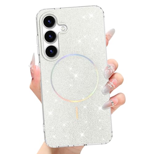 tharlet Magnetic for Samsung Galaxy S25 Case White Glitter Aesthetic | [Compatible with Strong MagSafe] with Screen Protector Hard Protective Cover for Women Girls Gift giving & daily matching - color: White, size: Samsung Galaxy S25