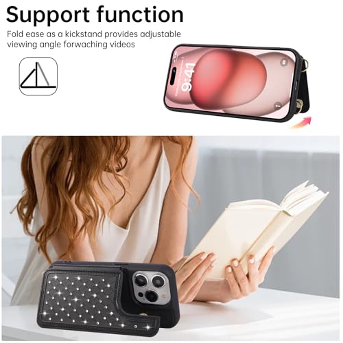 Crossbody Wallet Case for iPhone 14 Pro Max(6.7") with Detachable Strap - PU Leather Flip Folio with Card Slots & RFID Blocking, Sparkling Diamond Accents-Black - color: Black, size: iPhone 14 Pro Max(6.7")