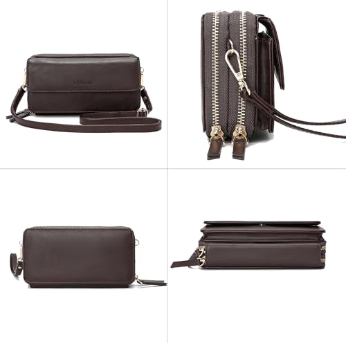 RFID Crossbody Wallet Wristlet Purse with Phone Pocket For Women Vegan Leather - color: Brown Coffee