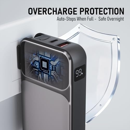 Portable Charger with Built-in Wall Plug and Cables, 22.5W Fast Charging Power Bank, USB-C and Lightning Cables, 4-Device Travel Battery Pack for iPhone, Samsung and iPad - color: Black