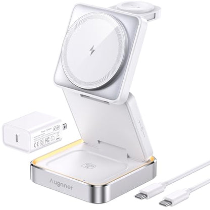Fast 25W 3 in 1 Foldable Wireless Charging Station with Light 45W Adapter - color: WHITE