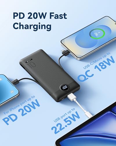 VRURC Fast Charging Portable Charger Power Bank AC Plug & Built-in Cables - color: Black