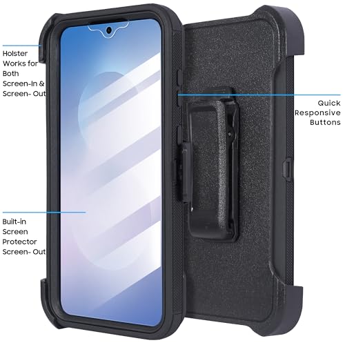 Compatible for Samsung S25 FE, Built in Screen Protector, Belt Clip Holster Heavy Duty Defender Case Dustproof Shockproof Protection (Black) - color: Black
