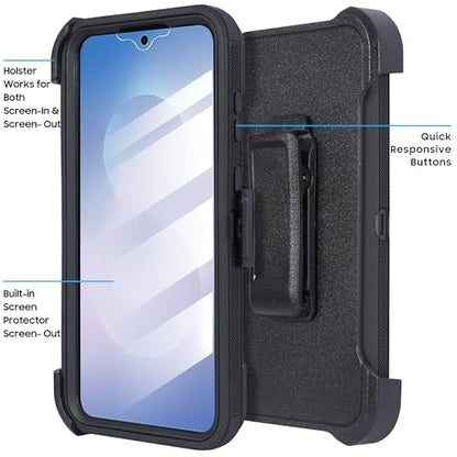 Compatible for Samsung S25 FE, Built in Screen Protector, Belt Clip Holster Heavy Duty Defender Case Dustproof Shockproof Protection (Black) - color: Black