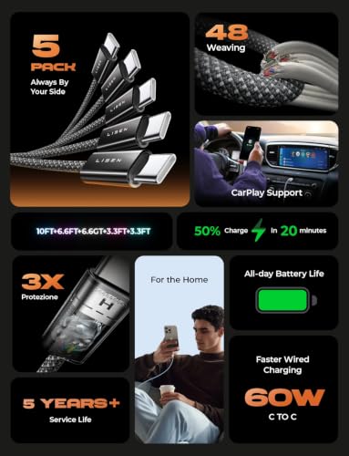LISEN USB C to USB C Cable, 5-Pack [3.3/3.3/6.6/6.6/10FT] 60W Fast Charging - color: Black, size: 3.3+3.3+6.6+6.6+10FT