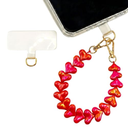 Heart Beaded Phone Wristlet | Phone Wrist Strap With Tether Tab | Cute Accessory for Phone, AirPods, Bag, Keys, Camera - color: Cherry Red