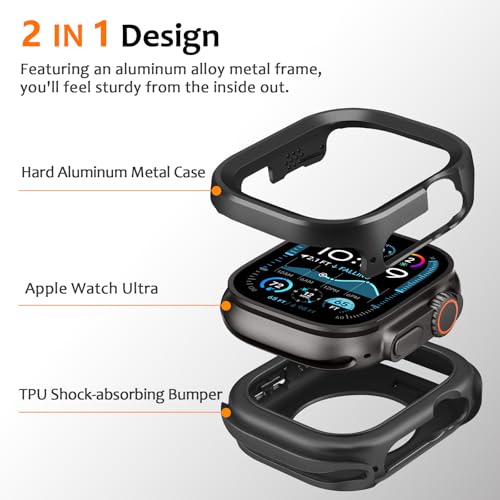 Amizee 2 in 1 Metal Rugged Case Compatible with Apple Watch Ultra 3/2/1 Case 49mm, Aluminum Shockproof Protective Bumper Cover for iWatch 49mm, Black - color: Black, size: 49mm