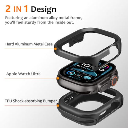 Amizee 2 in 1 Metal Rugged Case Compatible with Apple Watch Ultra 3/2/1 Case 49mm, Aluminum Shockproof Protective Bumper Cover for iWatch 49mm, Black - color: Black, size: 49mm
