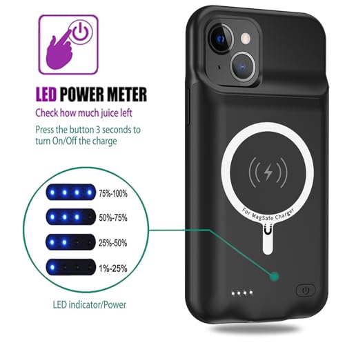 Wireless Charging Case for iPhone 13, 10000mAh High Capacity Portable Rechargeable Protective Battery Case Wireless Charging Compatible with iPhone 13 (6.1 inch) Extended Battery Charger Case (Black) - size: iPhone 13