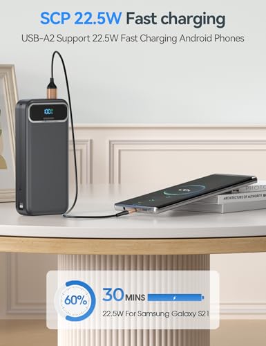 aonidi Portable Charger 20000mAh with Built-in Cables&AC Wall Plug, Black - color: Jet Black