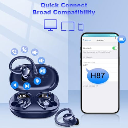 Hupoaf Wireless Earbuds Sport, 2025 Bluetooth 5.4 Headphones with Earhooks, 50H Stereo Deep Bass Over Ear Buds with 4 ENC Noise Canceling Mics, IP7 Waterproof Earphones for Running Workout Gym -Blue - color: A-Dark Blue