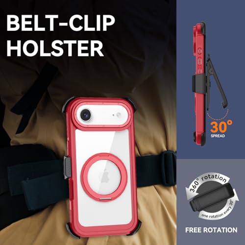 Magnetic for iPhone Air Case, Compatible with MagSafe, Full Body Rugged Case with Built-in Screen Protector & Kickstand & Belt-Clip (Red) - color: Red