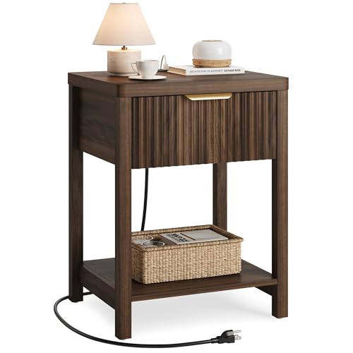 Night Stand Set 1, Fluted Wood Bedside Table w/Socket Station for Bedroom - color: Walnut, size: 1 Drawer-Set of 1 Nightstand
