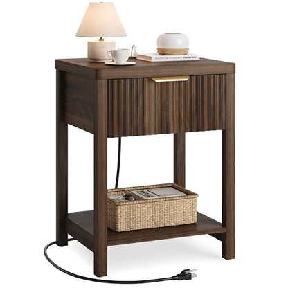 Night Stand Set 1, Fluted Wood Bedside Table w/Socket Station for Bedroom - color: Walnut, size: 1 Drawer-Set of 1 Nightstand