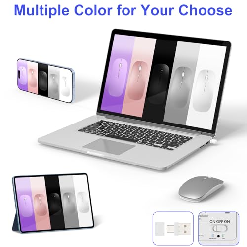 Bluetooth Wireless Mouse for MacBook Air Mac Pro iPad Laptop Computer Pad Optical Rechargeable Slim Silent Dual Mode (2.4G USB-C/USB-A&Bluetooth 5.2/3.0) Mouse Jiggler for Computer Awakening(Grey) - color: Grey