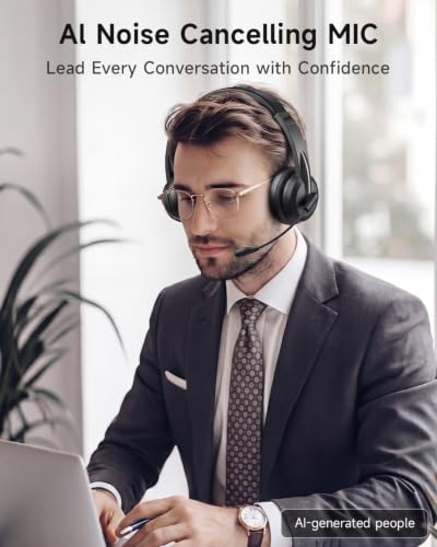 AOC Wireless Headset with Mic for Work, Bluetooth 5.4 Wireless Headset with AI Noise Canceling Mics, USB A/C Dongle, Charging Base & Mic Mute, Wireless Headphones for Laptop, PC (Classic Black)