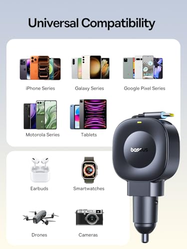 Baseus Ultra-Mini Retractable Car Charger USB C, 60W Fast Charging Car Charger with Retractable USB C Cable for iPhone 17 16 15 Pro Max, Samsung Galaxy S25 Ultra, Android, iPad, AirPods