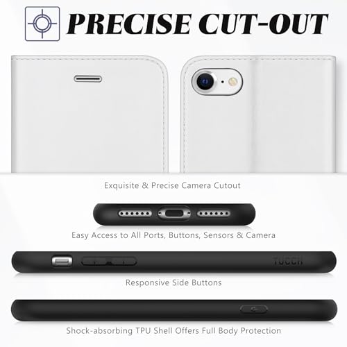 TUCCH Case Wallet for iPhone SE 2022/SE 2020/iPhone 8/7 (4.7"), White | 3 Card Holders, Kickstand, PU Leather, Shockproof TPU Shell, Magnetic Closure, Protective Folio Cover - color: White