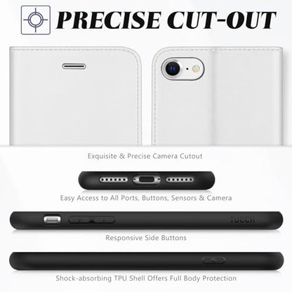TUCCH Case Wallet for iPhone SE 2022/SE 2020/iPhone 8/7 (4.7"), White | 3 Card Holders, Kickstand, PU Leather, Shockproof TPU Shell, Magnetic Closure, Protective Folio Cover - color: White