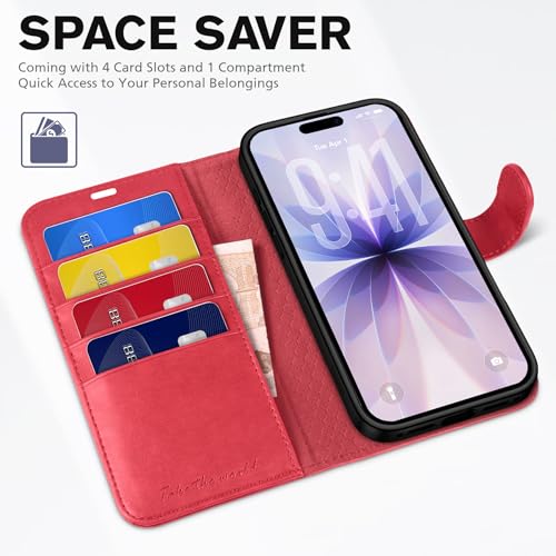 TUCCH Wallet Case for iPhone 17 (6.3") 2025, 4 Card Slots, Red | RFID Blocking, Viewing Stand, Shockproof TPU Shell, PU Leather, Magnetic Closure, Protective Folio Flip Cover - color: Red