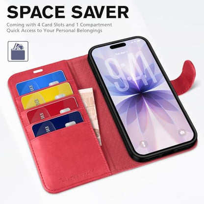 TUCCH Wallet Case for iPhone 17 (6.3") 2025, 4 Card Slots, Red | RFID Blocking, Viewing Stand, Shockproof TPU Shell, PU Leather, Magnetic Closure, Protective Folio Flip Cover - color: Red