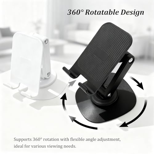 2-Pack Desk Phone Stand - Black and White, Adjustable Foldable Mobile Holders with 360° Rotating Base for All Smartphones