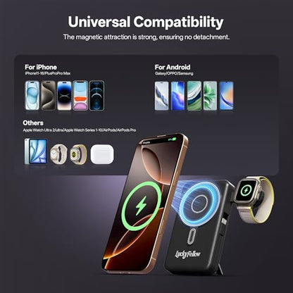 Magnetic Portable Charger Built-in Cables,10000mAh Fast Charging Wireless Charger Station External Battery Pack Slim Pocket Size Power Bank with Stand Compatible with iWatch, iPhone - color: Black