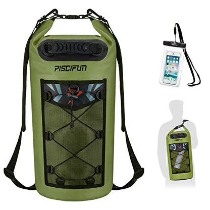 Piscifun Dry Bag, Waterproof Floating Backpack 10L/20L/30L/40L | Waterproof Phone Case, Adjustable shoulder straps, Roll-top closure keeps gear dry, Ideal for Boating, Kayaking, Fishing - color: Army Green, style: 40l